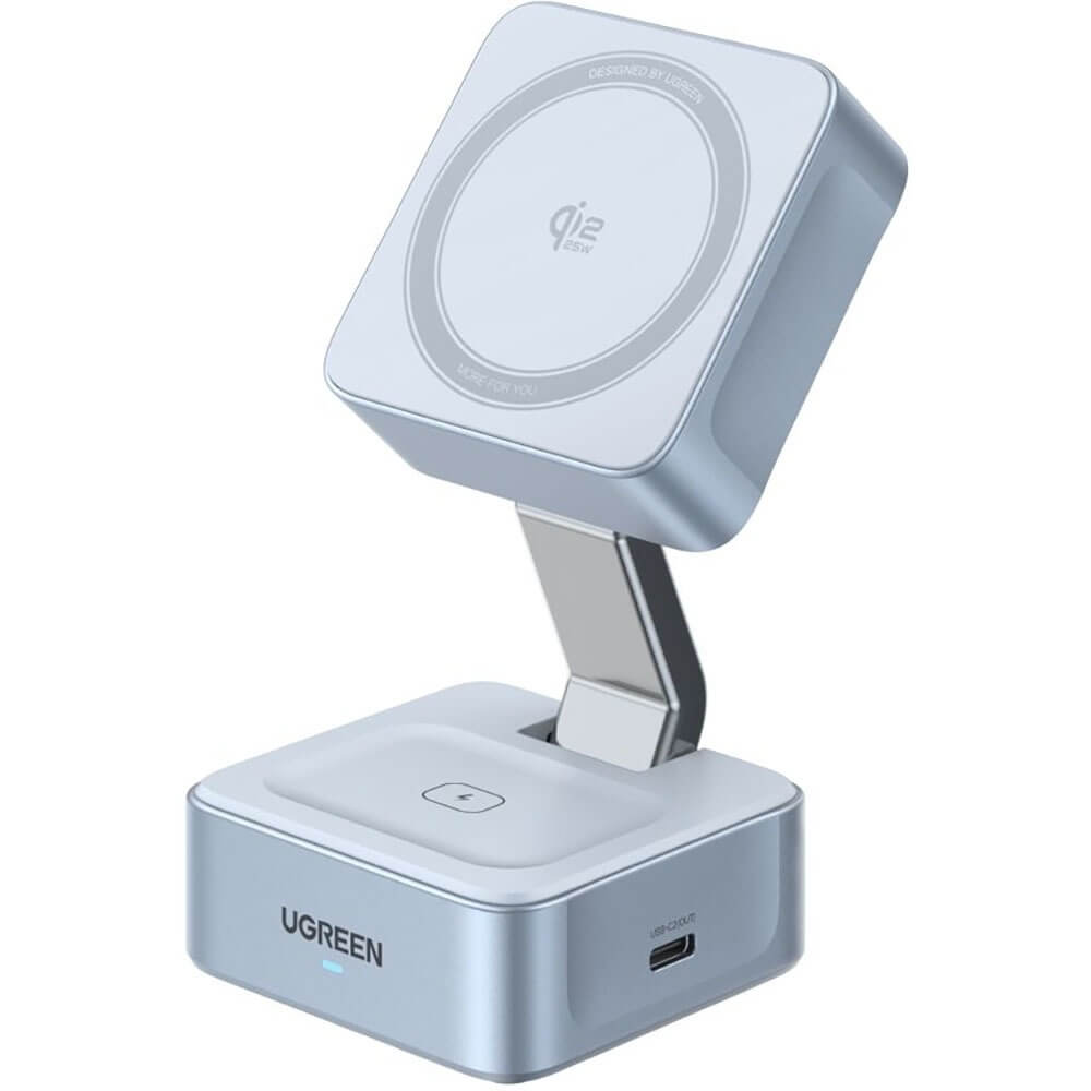 Беспроводное зарядное устройство Ugreen W752 2 в 1 Magnetic 25W Wireless QI2.2 Charger серебристо-голубой