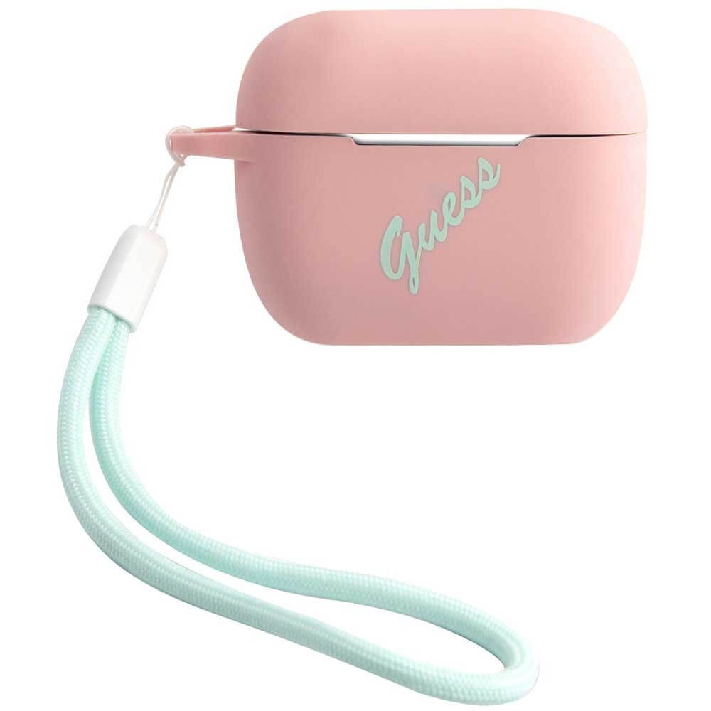 Чехол для AirPods Guess Silicone Case Script logo with cord розовый