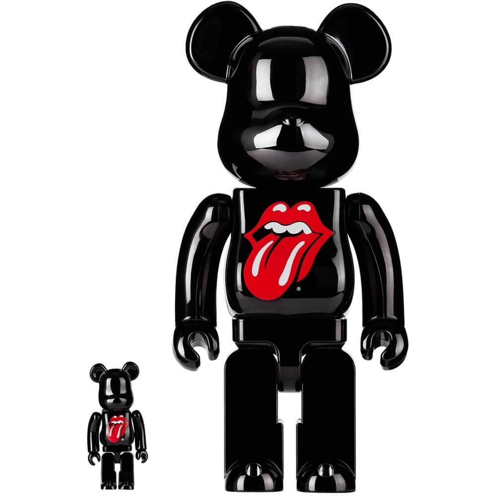 Фигура Bearbrick Medicom Toy The Rolling Stones Logo Black Chrome 400% and 100%