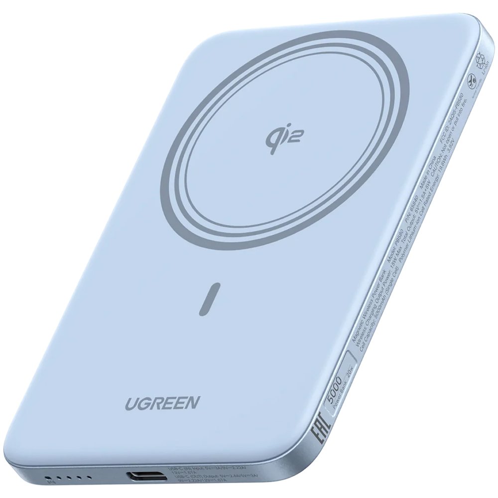 Внешний аккумулятор Ugreen PB580 MagFlow Air 5000 мАч серебристо-голубой (65840B)