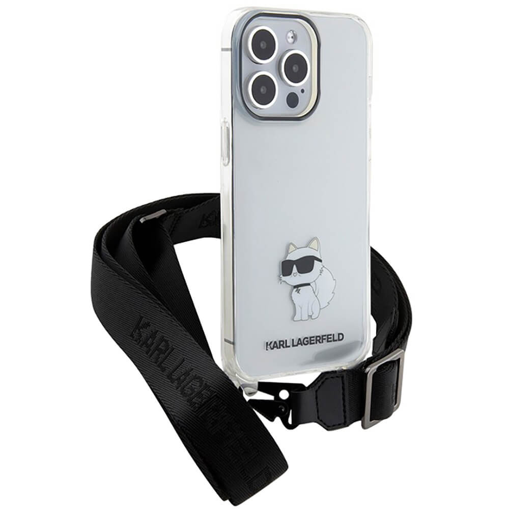 Чехол Karl Lagerfeld Crossbody PC/TPU NFT Choupette with Strap Hard для iPhone 15 Pro Max прозрачный