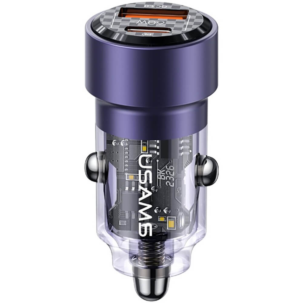 Автомобильное зарядное устройство Usams US-CC208 C39 60W (Dual Port Aluminum A+C) фиолетовый