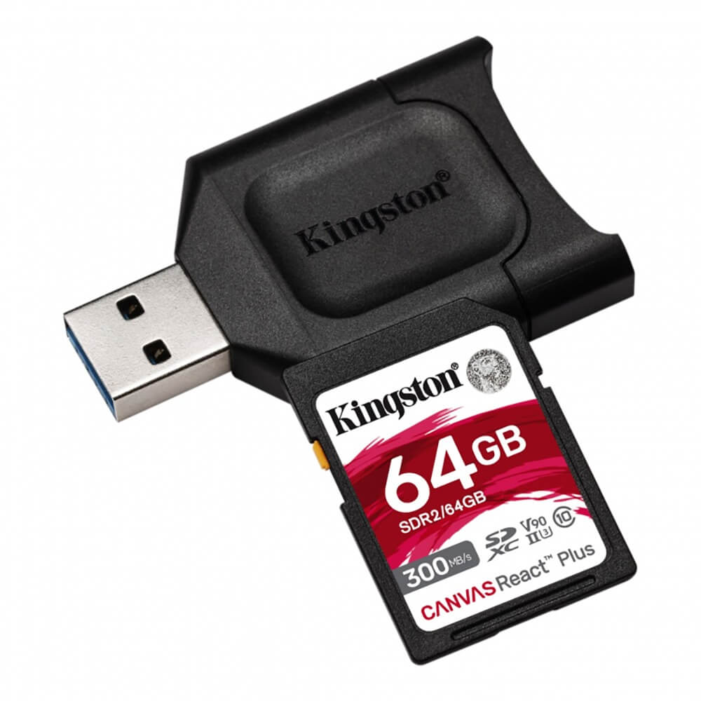 Карта памяти Kingston Canvas React Plus 64GB с адаптером и USB-ридером
