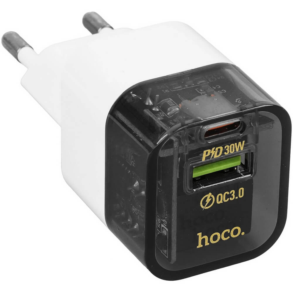 Зарядное устройство Hoco C131A Platinum 1 USB+1 Type-C 30W чёрный/прозрачный (609821)
