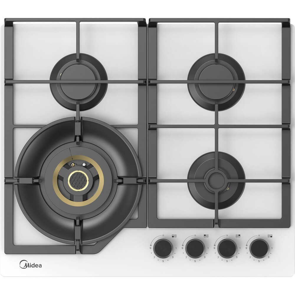 Изображение товара Газовая варочная поверхность Midea MG697VGW 4 конфорки с WOK белое стекло