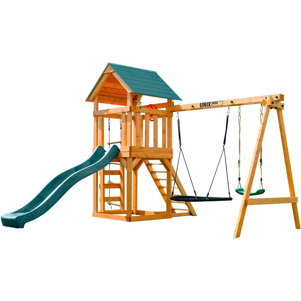 Изображение товара Детский игровой комплекс UNIX Kids Dark Green PLU6IN1DG с качелями скалодромом и крышей